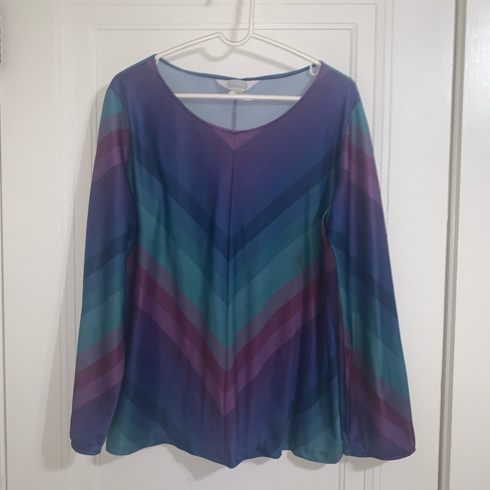 Vintage Long Sleeved Purple, Teal, and Blue XL Blouse